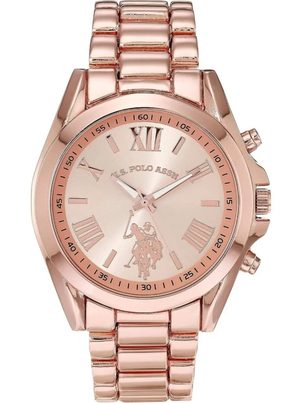 Stylish Rose Gold Chronograph Watch with Roman Numerals & Durable Metal Bracelet